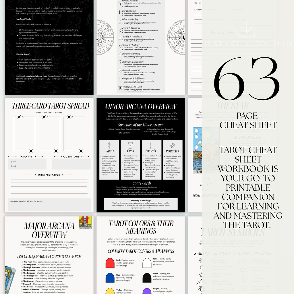 Tarot Cheat Sheet Workbook | Card Meanings, Spreads (PDF)