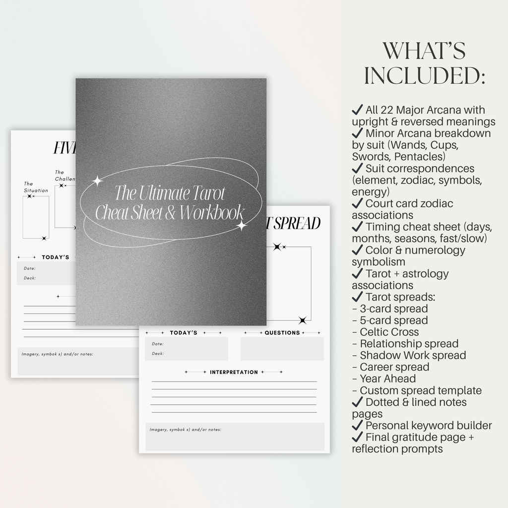 Tarot Cheat Sheet Workbook | Card Meanings, Spreads (PDF)